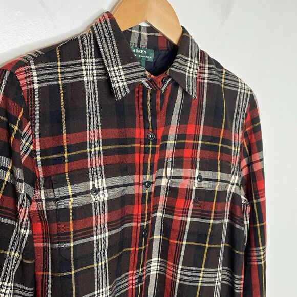 Lauren Ralph Lauren Worsted Wool Plaid Button Up Shirt Red Black Brown Womens M - Picture 2 of 10